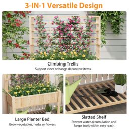 Gymax Wooden Elevated Planter Box With Trellis Raised Garden Bed & Shelf in Light Khaki - thumbnail 9