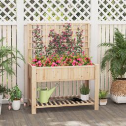 Gymax Wooden Elevated Planter Box With Trellis Raised Garden Bed & Shelf in Light Khaki - thumbnail 8
