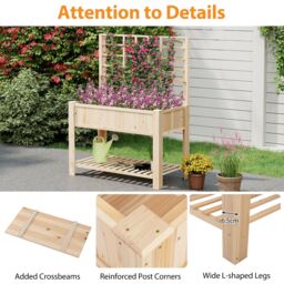 Gymax Wooden Elevated Planter Box With Trellis Raised Garden Bed & Shelf in Light Khaki - thumbnail 3