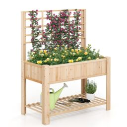 Gymax Wooden Elevated Planter Box With Trellis Raised Garden Bed & Shelf in Light Khaki - thumbnail 6