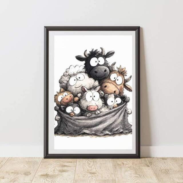 60 SECOND MAKEOVER Quirky Farm Animals Print Wall Art Poster - Size: A3 - image 1