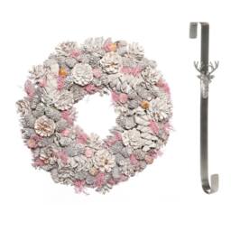 Dibor 39cm Pink Pinecone Christmas Wreath with Stag Wreath Hanger - thumbnail 1