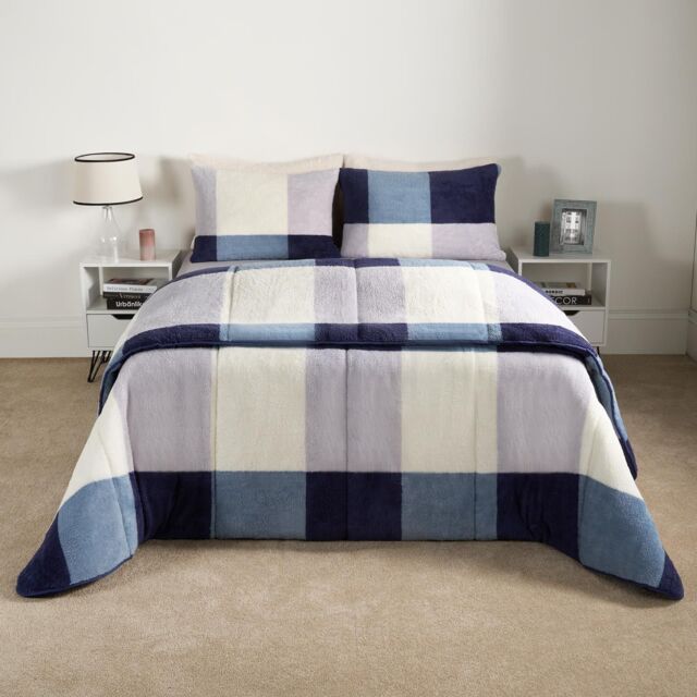OHS Check Coverless Duvet Pillowcase Bedding Set Teddy Fleece Gingham Quilt 10.5 TOG in Dark Navy - Size: King - image 1