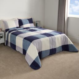 OHS Check Coverless Duvet Pillowcase Bedding Set Teddy Fleece Gingham Quilt 10.5 TOG in Dark Navy - Size: King - thumbnail 2