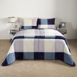 OHS Check Coverless Duvet Pillowcase Bedding Set Teddy Fleece Gingham Quilt 10.5 TOG in Dark Navy - Size: King - thumbnail 1
