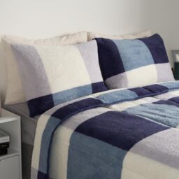 OHS Check Coverless Duvet Pillowcase Bedding Set Teddy Fleece Gingham Quilt 10.5 TOG in Dark Navy - Size: King - thumbnail 3