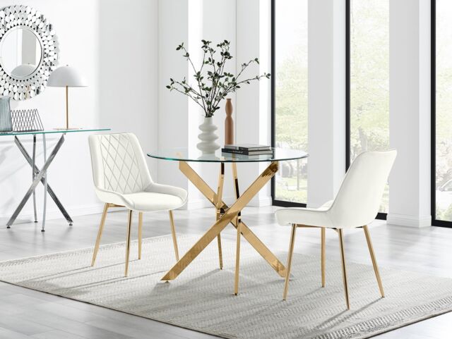 FurnitureboxUK Novara 100cm Round Gold Leg Dining Table & 2 Pesaro Gold Leg Chairs in Cream - image 1