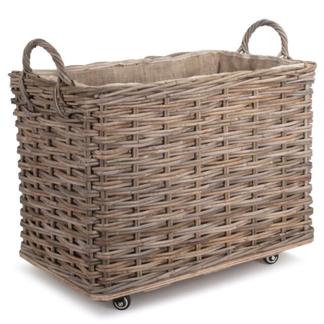 Red Hamper Rattan Small Wheeled Rattan Hessian Lined Log Basket in Grey - image 1