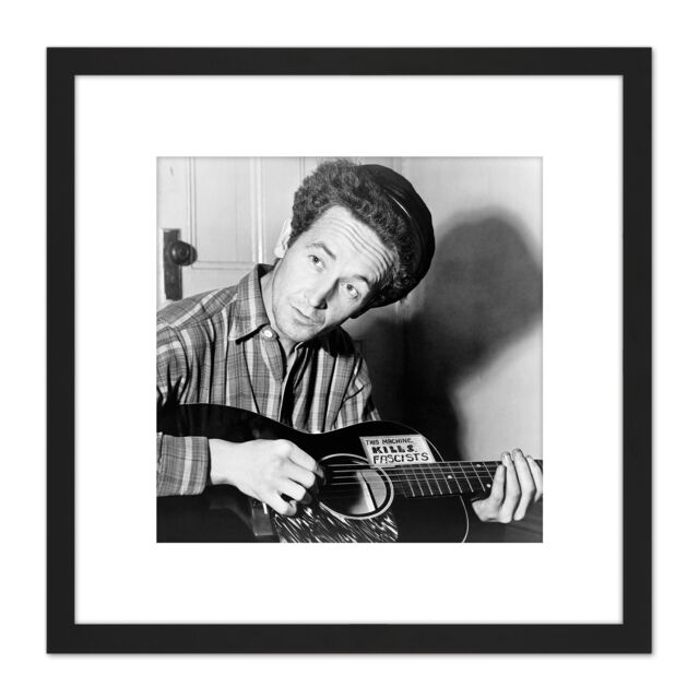 Artery8 Aumuller Portrait Folk Singer Woody Guthrie Kill Fascists Photo 8X8 Inch Square Wooden Framed Wall Art Print Picture with Mount in Black - image 1