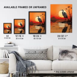 Artery8 Wall Art Print Heron in Coastal Landscape Lake Sunset Red Orange Artwork Framed Art - Size: A4 - thumbnail 3