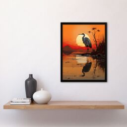 Artery8 Wall Art Print Heron in Coastal Landscape Lake Sunset Red Orange Artwork Framed Art - Size: A4 - thumbnail 4