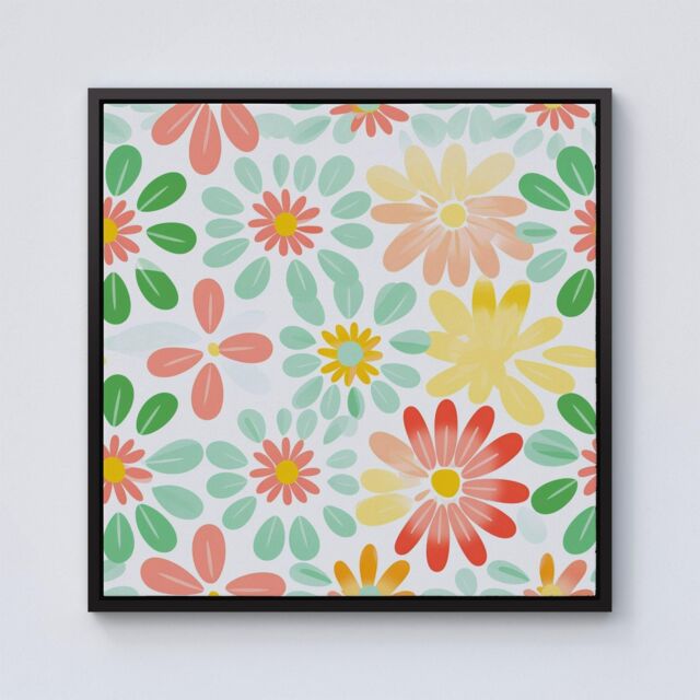 "Warren Reed - Designer Green & Yellow Flowers Framed Canvas in Black - Size: W16"" x H16""" - image 1