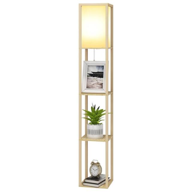 EONLION Wood Add LED Bulbs LED Floor Lamp Wooden 3-Tier Open Shelf Storage in Natural - image 1