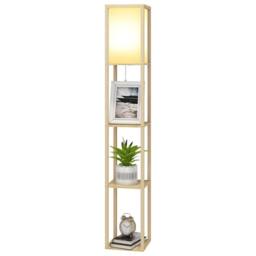 EONLION Wood Add LED Bulbs LED Floor Lamp Wooden 3-Tier Open Shelf Storage in Natural - thumbnail 1