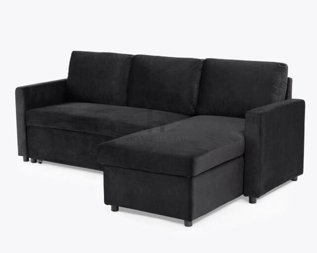 Home Detail Dorset Velvet Pull Out Sofa Bed Reversible Chaise with Underseat Storage in Jet Black - image 1