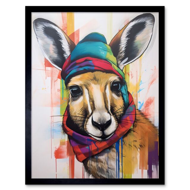 "Artery8 Wall Art Print Kangaroo Wearing Colourful Winter Hat & Scarf Art Framed in Black - Size: W12"" x H16""" - image 1