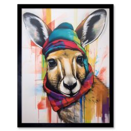 "Artery8 Wall Art Print Kangaroo Wearing Colourful Winter Hat & Scarf Art Framed in Black - Size: W12"" x H16""" - thumbnail 1