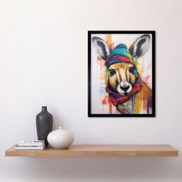 "Artery8 Wall Art Print Kangaroo Wearing Colourful Winter Hat & Scarf Art Framed in Black - Size: W12"" x H16""" - thumbnail 2