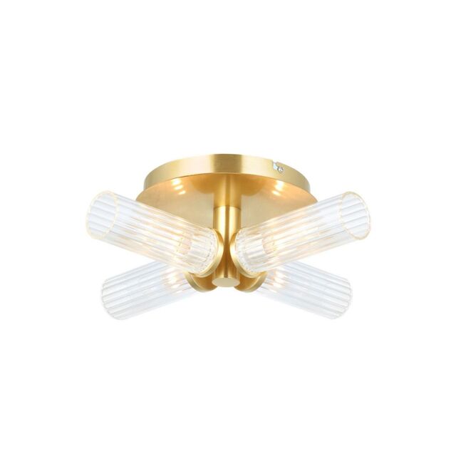 Netlighting Talo Bathroom Multi Arm Glass Semi Flush Ceiling Lamp Satin Brass Plate Ribbed Glass IP44 in Yellow - image 1