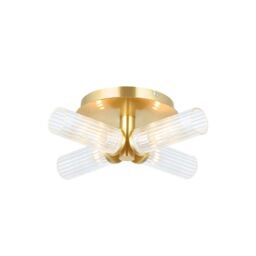 Netlighting Talo Bathroom Multi Arm Glass Semi Flush Ceiling Lamp Satin Brass Plate Ribbed Glass IP44 in Yellow