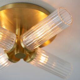 Netlighting Talo Bathroom Multi Arm Glass Semi Flush Ceiling Lamp Satin Brass Plate Ribbed Glass IP44 in Yellow - thumbnail 5