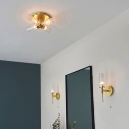 Netlighting Talo Bathroom Multi Arm Glass Semi Flush Ceiling Lamp Satin Brass Plate Ribbed Glass IP44 in Yellow - thumbnail 3