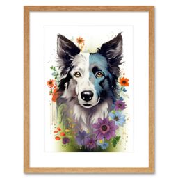 Artery8 Wall Art Print Border Collie Dog Pict Scotland Blue Basant Face Bright Artwork Portrait with Wildflowers Artwork Framed 9X7 Inch - thumbnail 1
