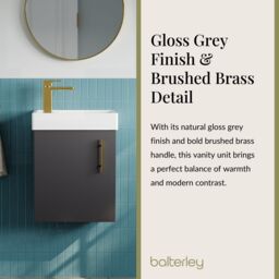 Balterley Wall Hung Vanity Basin 400mm Gloss Grey & Brushed Brass Handle - thumbnail 4