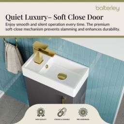 Balterley Wall Hung Vanity Basin 400mm Gloss Grey & Brushed Brass Handle - thumbnail 3