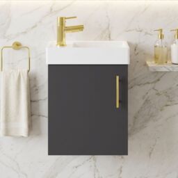 Balterley Wall Hung Vanity Basin 400mm Gloss Grey & Brushed Brass Handle - thumbnail 8