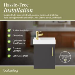 Balterley Wall Hung Vanity Basin 400mm Gloss Grey & Brushed Brass Handle - thumbnail 7