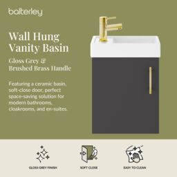 Balterley Wall Hung Vanity Basin 400mm Gloss Grey & Brushed Brass Handle - thumbnail 2