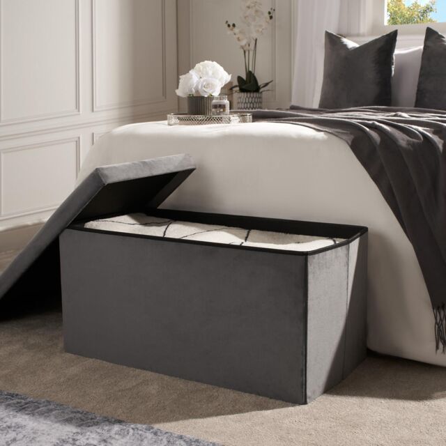 OHS Folding Ottoman Storage Box Footstool Tub Space Saving Velvet Seat in Charcoal - image 1