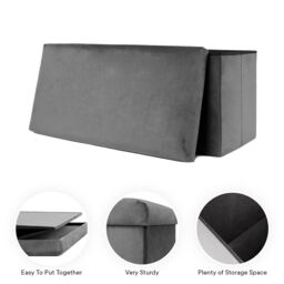 OHS Folding Ottoman Storage Box Footstool Tub Space Saving Velvet Seat in Charcoal - thumbnail 2
