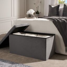 OHS Folding Ottoman Storage Box Footstool Tub Space Saving Velvet Seat in Charcoal