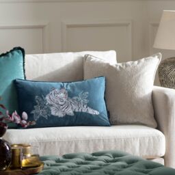 Paoletti Odisha White Tiger Embroidered Velvet Cushion in Blue - Size: 30 cm x 50 cm - thumbnail 6