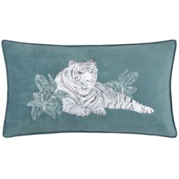 Paoletti Odisha White Tiger Embroidered Velvet Cushion in Blue - Size: 30 cm x 50 cm - thumbnail 1