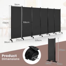 Costway 6Panel Folding Room Divider 172cm Rolling Privacy Screen w/ Lockable Wheels in Grey - thumbnail 2