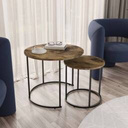 Havendro Ancient Wood Nesting Tables Set of 2 Industrial Round Side Tables in Brown - thumbnail 5