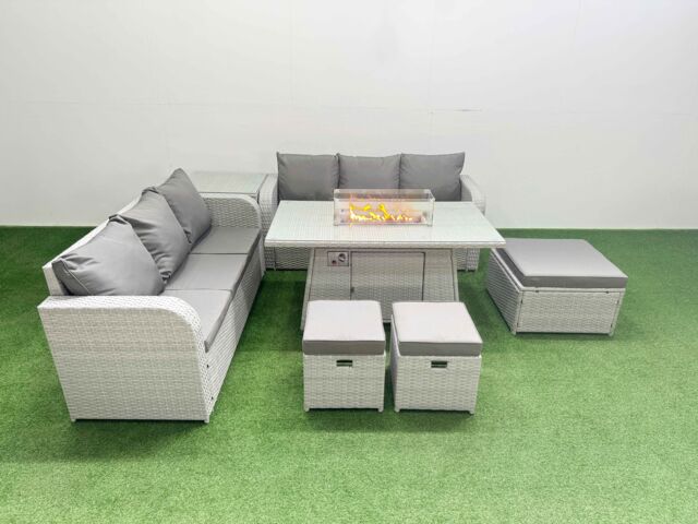Fimous Outdoor Garden Furniture Sets 9 Seater Wicker Rattan Furniture Sofa Sets w/ Firepit Dining Table high Back Lounge Sofa 3 Stools Side Table - image 1