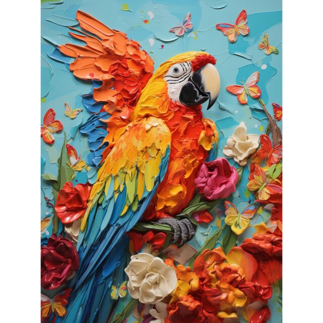 "Artery8 Wall Art Print Vibrant Macaw Parrot Heavy Oil Paint with Butterflies & Flowers High Texture Artwork Poster - Size: W18"" x H24""" - image 1