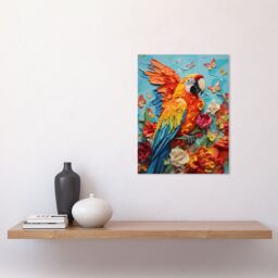 "Artery8 Wall Art Print Vibrant Macaw Parrot Heavy Oil Paint with Butterflies & Flowers High Texture Artwork Poster - Size: W18"" x H24""" - thumbnail 2