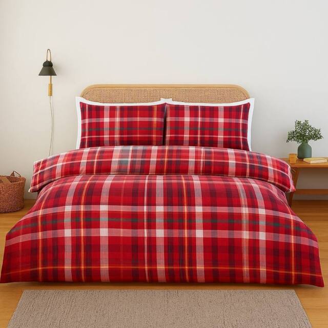 Rapport Home Regalia Check Microfibre Complete Duvet Cover Set with Fitted Sheet in Red - Size: King - image 1