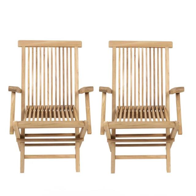Charles Bentley Pair of Solid Wooden Teak Garden Outdoor Folding Arm Chairs in Natural
