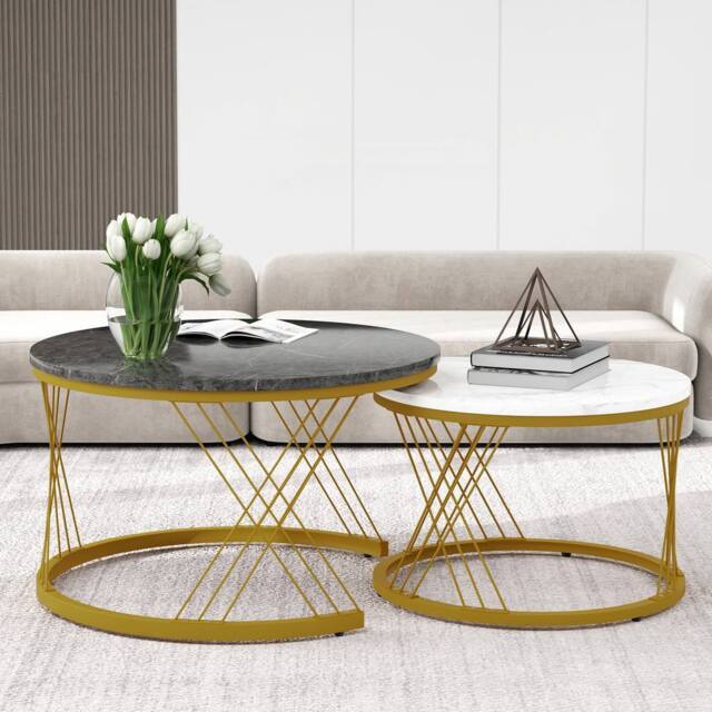 Rolipo Modern Round Coffee Table Set of 2 Marble Pattern White & Black in Gold - Size: 1 Pack - image 1