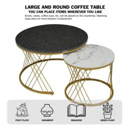 Rolipo Modern Round Coffee Table Set of 2 Marble Pattern White & Black in Gold - Size: 1 Pack - thumbnail 8