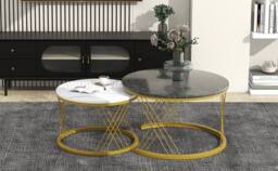 Rolipo Modern Round Coffee Table Set of 2 Marble Pattern White & Black in Gold - Size: 1 Pack - thumbnail 4