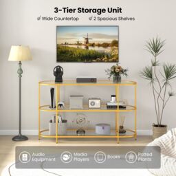 "Costway 3-Tier TV Stand for TVs up to 65"" 140cm TV Console Table in Gold" - thumbnail 5