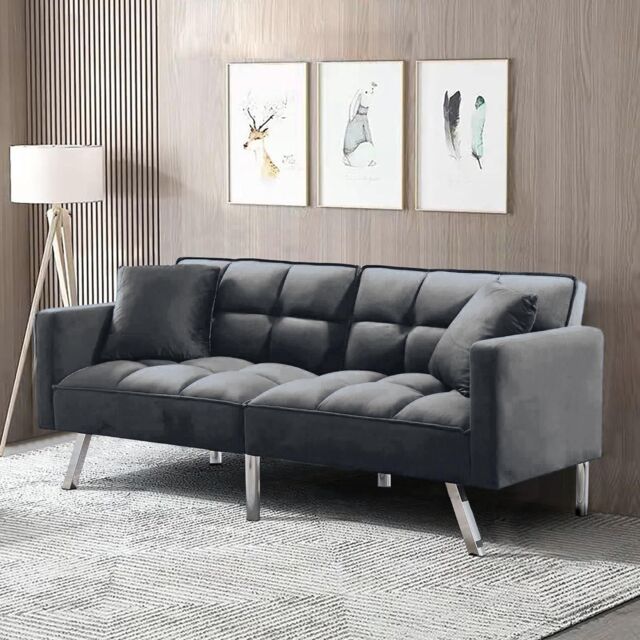 KOSY KOALA Sofa Bed 2 Seater Grey Velvet Click Clack Sofa Settee Recliner Couch with Metal Legs with 2 Pillows - image 1