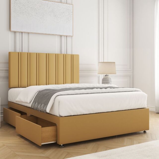 "BSSPOKE Sienna Divan Bed Set Velvet 24""Headboard 2 Drawers Footend & Mattress in Mustard - Size: Super King" - image 1